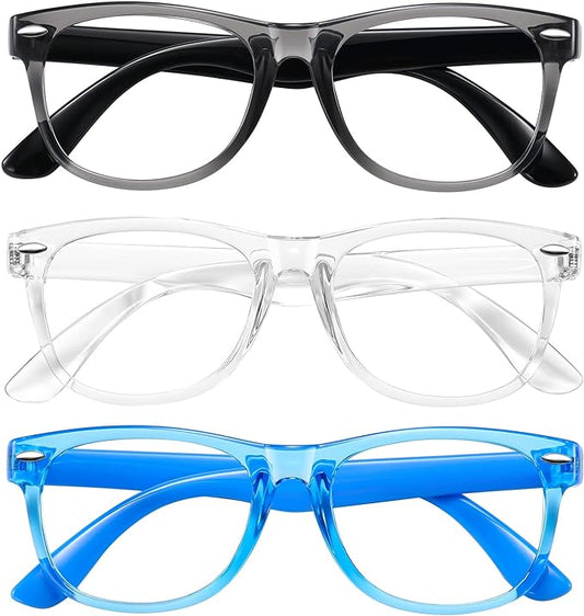 Okany Blue Light Glasses for Kids 3 Pack Blue Light Blocking Glasses for Teen Boys Girls Age 3-10,Computer Screen Gaming TV Phone Glasses Anti Glare,UV & Eye Strain (Grey Black+Transparent+Blue)