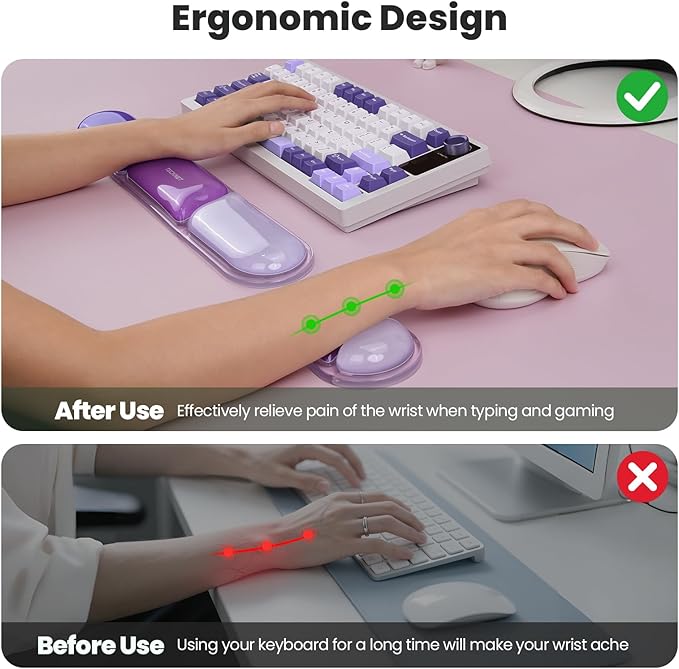 TECKNET Clear Gel Wrist Rest for Computer Keyboard, Ergonomic Gel Keyboard Wrist Rest Set for Typing Pain Relief, Comfortable Silicone Wrist Support Pad for Office/Computer/Laptop/Gaming, Purple