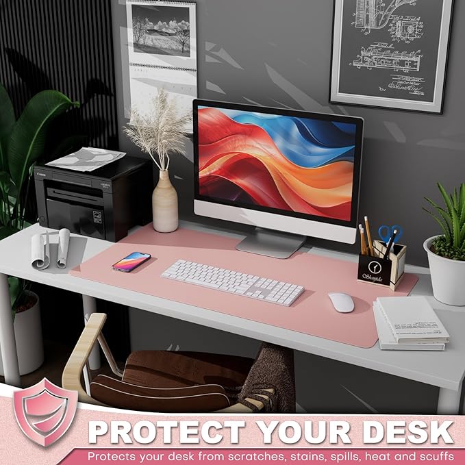 K KNODEL Leather Desk Pad Protector, Office Desk Mat, Large PVC Leather Desk Blotter, Non-Slip Mouse Pad (Pink, 17" x 35.4")