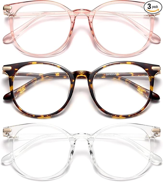 Gaoye 3 Pack Blue Light Blocking Glasses, Retro Round Eyewear Frame Anti Eyestrain Computer Glasses for Women Men - GY1688 (Pink+Tea Leopard+Transparent)