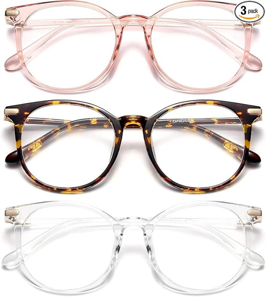 Gaoye 3 Pack Blue Light Blocking Glasses, Retro Round Eyewear Frame Anti Eyestrain Computer Glasses for Women Men - GY1688 (Pink+Tea Leopard+Transparent)