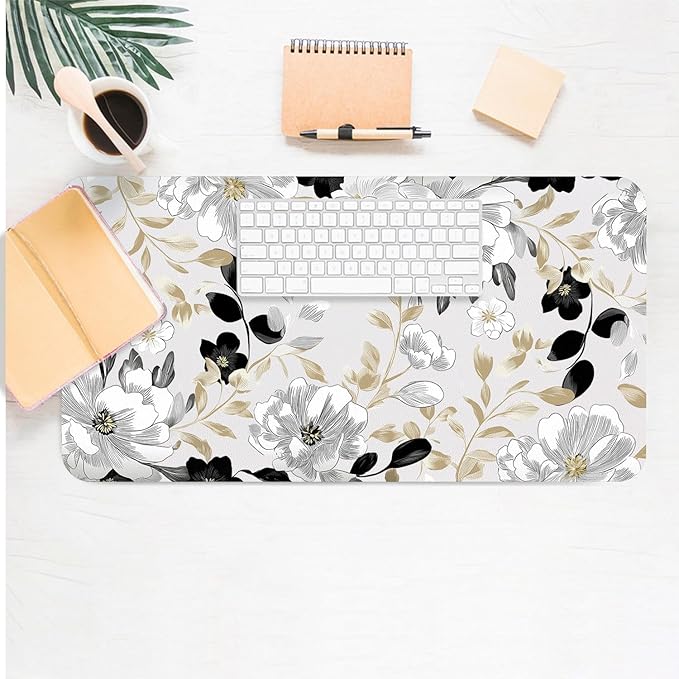 Large Mouse Pad, Black White Floral Desk Mat for Desktop, Women Girls Flowers PU Leather Waterproof Desk Pad, Computer PC Laptop Protector Gaming Mouse Pads for School Office Home (31.5" x 15.7")