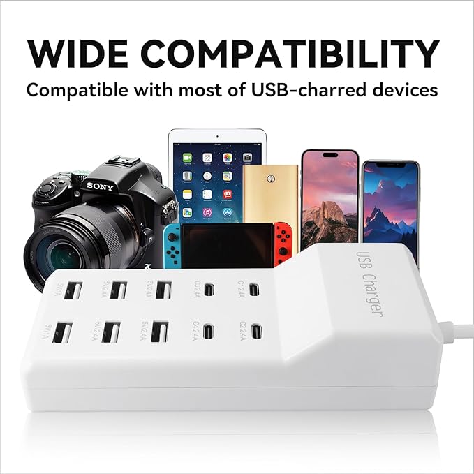 USB Charging Station with 6 USB-A & 4 USB-C Ports, 50W 10A USB Charging Block for Smart Phone, Tablet, Laptop, Multiple Devices - USB Power Strip with Auto-Detect Technology (2 PCS)