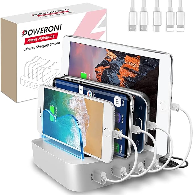 4 Port Charger Station - Fast Charging Dock for Multiple Devices Apple - Multi Device USB Charging Station - Compatible with Apple iPad, iPhone, Android, and Tablet - Charging Rack
