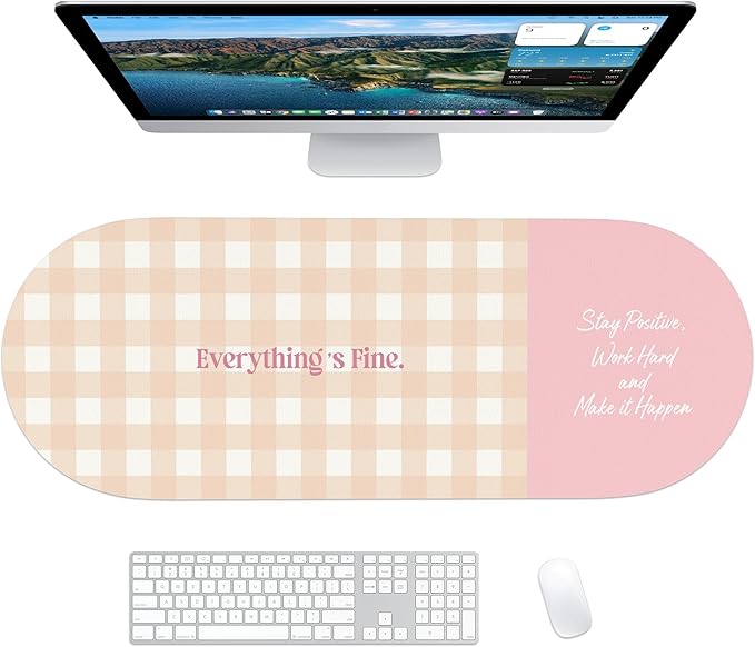 Checkered Pattern Desk Pad Protector, 35.5 x 13'' Aesthetic Mouse Mat for Desktop, Waterproof PU Leathe Non-Slip Desk Writing Pad for Office and Home, Orange and Pink