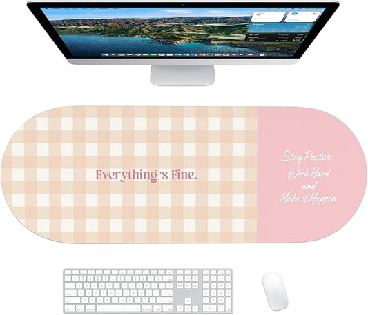 Checkered Pattern Desk Pad Protector, 35.5 x 13'' Aesthetic Mouse Mat for Desktop, Waterproof PU Leathe Non-Slip Desk Writing Pad for Office and Home, Orange and Pink