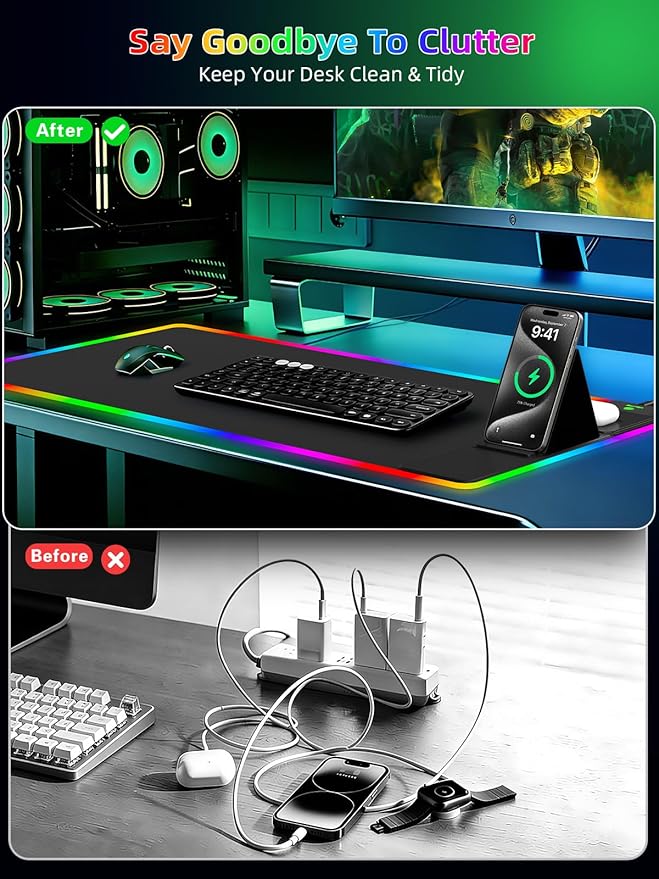 Mouse Pad with Adjustable Phone Stand Dual Wireless Charger, 15W Fast Charging Desk Mat, Extra Large 31.5x15.75 Waterproof Desk Pad for iPhone Samsung Air-Pods, Gaming Mousepad w/ 11&4 RGB