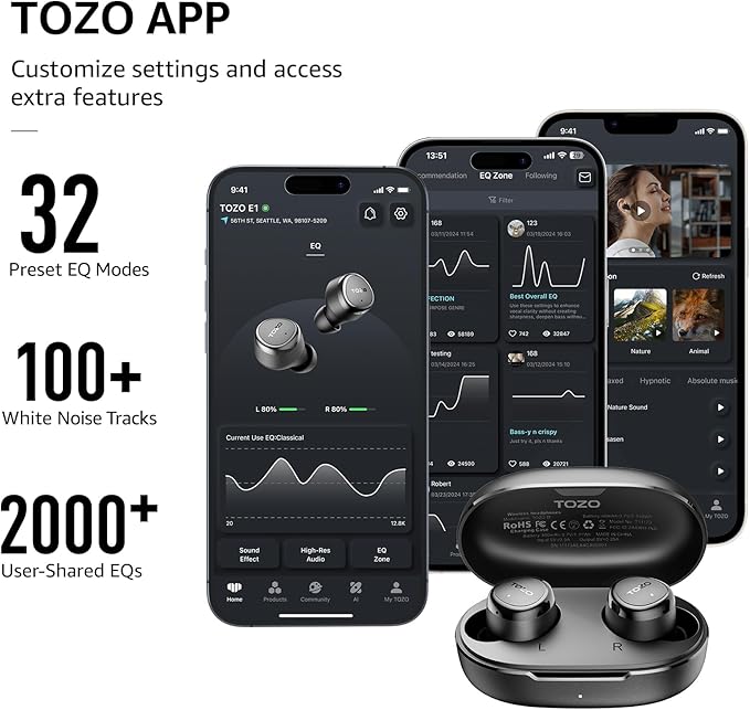 TOZO Wireless Earbuds Build in Mic Clear Calls Ergonomic Light Weight Bluetooth 5.3 in Ear Headphones Waterproof Premium Stereo Sound Ear Buds 30H Playtime with 32 EQs via APP
