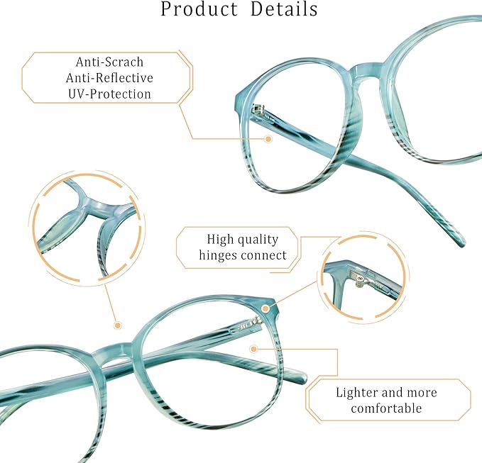 LifeArt Round Blue Light Blocking Glasses, Computer Glasses, Gaming Glasses, TV Glasses for Women Men (Striped Blue, 2.50 Magnification)