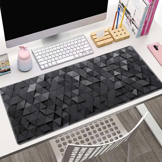 Gaming Mouse Pad, Large Mouse Pads for Desk, Non-Slip Rubber Base Mousepad, Keyboard Mouse Mat, Desk Pad with Stitched Edges, 31.5x11.8inch, Black Grey Triangular Abstract
