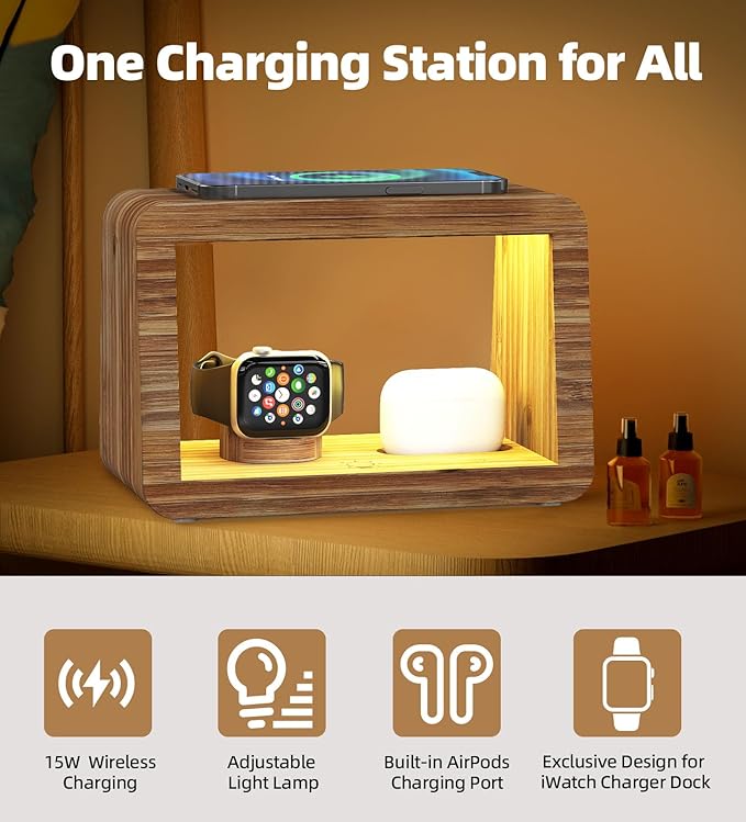 Bamboo Charging Station for Multiple Devices,15W Fast Wireless Charging Station with Nightlight, 3 Color & 4 Adjustable Brightness Compatible with Phone/Watch/AirPods