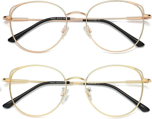 ANDWOOD Blue Light Blocking Glasses Women Cat Eye Computer Eyeglasses Metal Frame Hipster 2 Pack