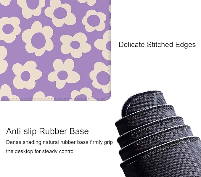 Vintage Groovy Purple Flowers Desk Mat, Extended Big Mouse Mat for Home and Office, Large Gaming Mousepad Laptop Keyboard Mat with Non-Slip Rubber Base, Stitched Edges (31.50"x11.8"x0.12")