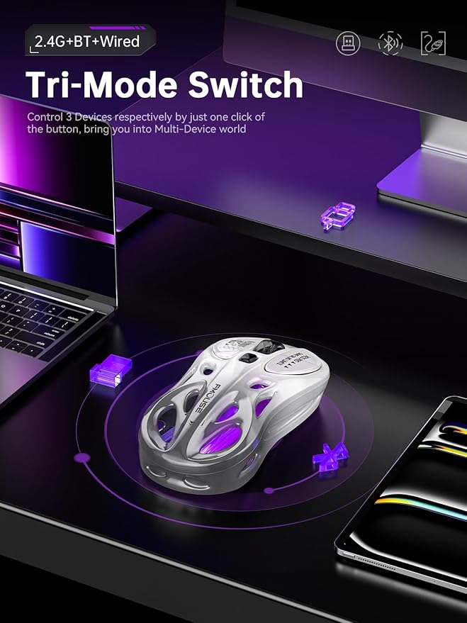 Tri-Mode Wireless Mouse (2.4G/Bluetooth/Wired), Hollow Design, RGB, 4800 DPI, Rechargeable Type-C for Mac/Laptop/iPad (Gaming/Office) - White & Gray Gradient