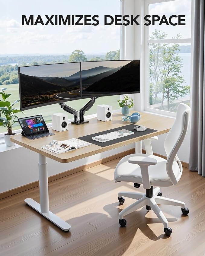HUANUO FlowLift™ Dual Monitor Stand, Fully Adjustable Gaming Monitor Desk Mount for 13–30″ Computer Screens, Full Motion VESA 75x75/100x100 with C-Clamp & Grommet Base, Each Arm Holds 4.4 to 19.8 lbs
