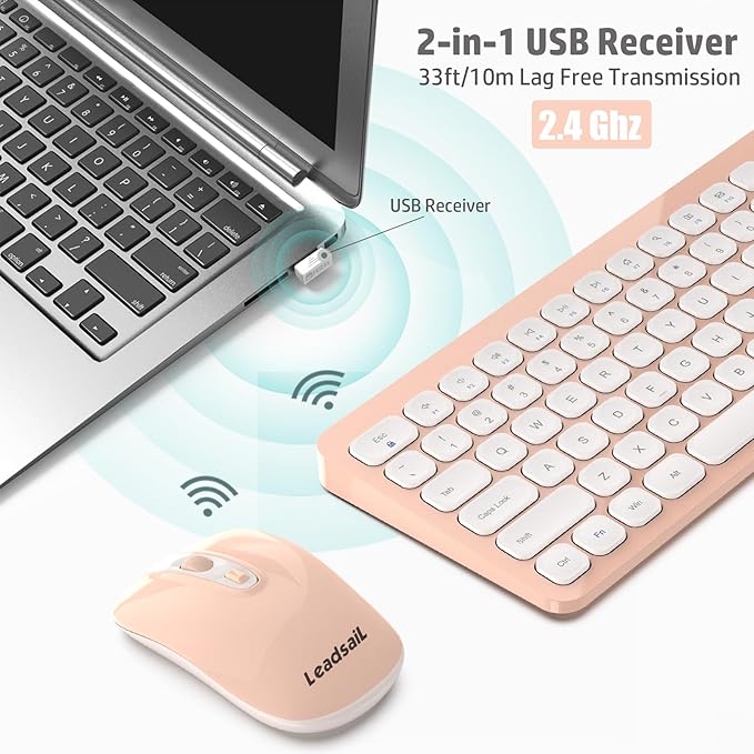 LeadsaiL Wireless Keyboard and Mouse Combo, Ergonomic Wireless Mouse and Keyboard Set for Computer, Compact and Silent Mouse and Keyboard for Laptop, Desktop, PC, Pink