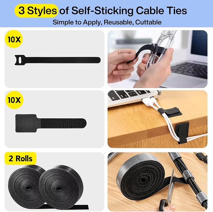 [313Pcs] Cable Management Kit, 67 Adhesive Cable Clips, Topavatop Desk Cord Organizer, 22 Reusable Cable Strap, 4 Cable Sleeve Split, 200 Nylon Cable Zip Ties with 20 Mounts for TV Office Home, Black - Image 6