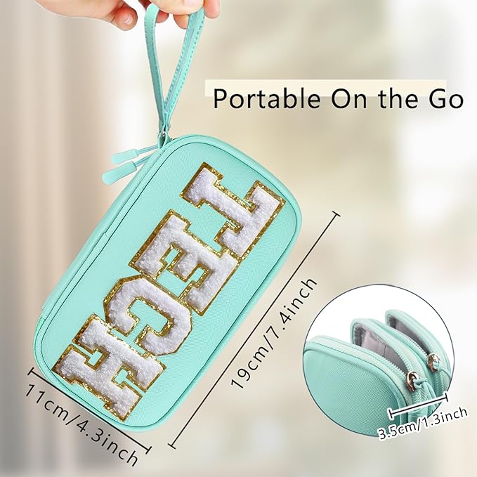 COSHAYSOO Electronics Organizer Bag Travel with Chenille Letter Patch Traveling Must Have Accessories Cute Personalized Gift for Women Cable Cord Charger Storage Pouch (Teal Blue)