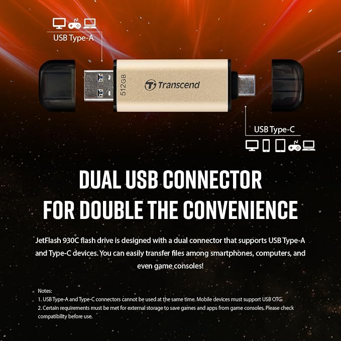 Transcend JF930 512GB Dual USB C Flash Drive for iPhone/iPad/Mac/Windows, Android/Tablet/PC/Gaming Console, Photo Stick Up to 420MB/s, USB 3.2 Thumb Drive, Memory Stick with 2-in-1 Type C &Type A - Image 3