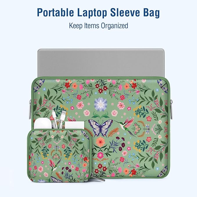 MOSISO Laptop Case 13.3 inch, 13-14 inch Laptop Sleeve Bag Compatible with MacBook Air/Pro 13/Pro 14, HP Dell Acer ASUS Lenovo, Neoprene Hummingbird Plants Flowers Computer Bag with Small Case, Green