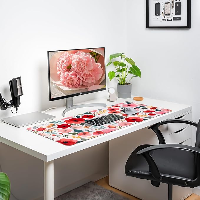 Floral Desk Mat, Desk Matt for Desktop Non-Slip, Large Mouse Pad with Stitched Edges, XL Computer Desk Mat for Women Office Decor (Red, 31.5" x 15.7")