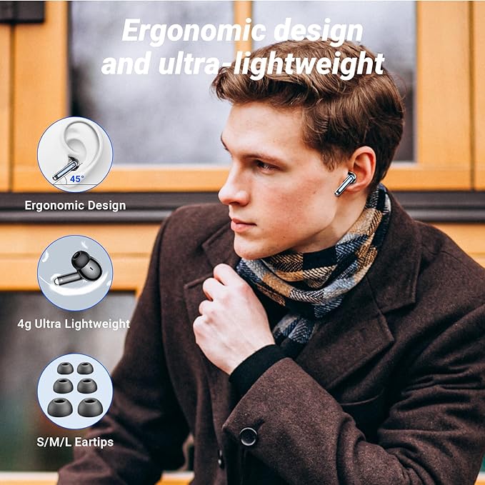 Wireless Earbuds Bluetooth 5.4 Headphones HiFi Stereo 42H Playback in Ear with 4 ENC Noise Cancelling Mic, IPX7 waterproof and LED battery display screen for Running Fitness Office Ear Buds in Black
