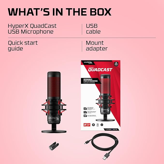 HyperX QuadCast - USB Condenser Gaming Microphone, for PC, PS4, PS5 and Mac, Anti-Vibration Shock Mount, Four Polar Patterns, Pop Filter, Gain Control, Podcasts, Twitch, YouTube, Discord, Red LED