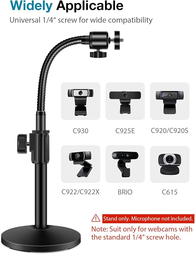 InnoGear Webcam Stand for Desk, Camera Stand Mount Gooseneck Arm for Logitech Webcam C922 C930e C920S C920 C615 C960 C920x BRIO 4K NexiGo N60, Phone Mount, Right Light, GoPro with 1/4" Thread - Image 2