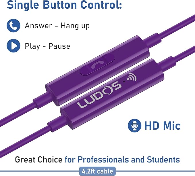 LUDOS FEROX Wired Earbuds in-Ear Headphones, 5 Year Warranty, Earphones with Microphone, Noise Isolation Corded for 3.5mm Jack Ear Buds for iPhone, Samsung, Laptop, Kids, School Students - Purple