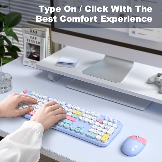 Wireless Keyboard and Mouse, Full Size Typewriter Keyboard and Cute Cat Shape Design Mouse Combo for Windows 7/8/10, Laptop, Desktop, PC, Computer (Blue)