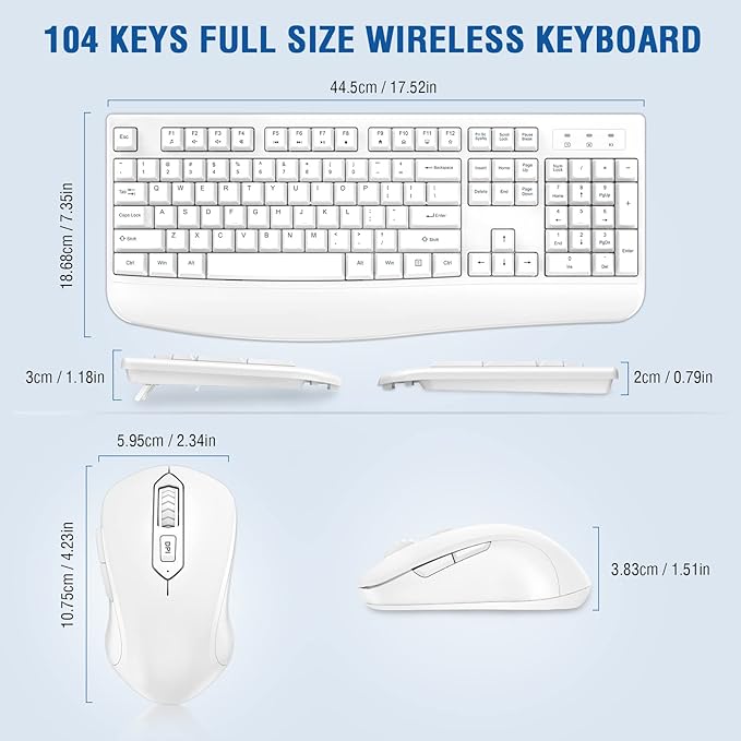 Wireless Keyboard and Mouse Combo, EDJO Full-Sized Ergonomic Computer Keyboard with Wrist Rest and 3 Level DPI Adjustable Wireless Mouse for Windows, Mac OS Desktop/Laptop/PC (White)