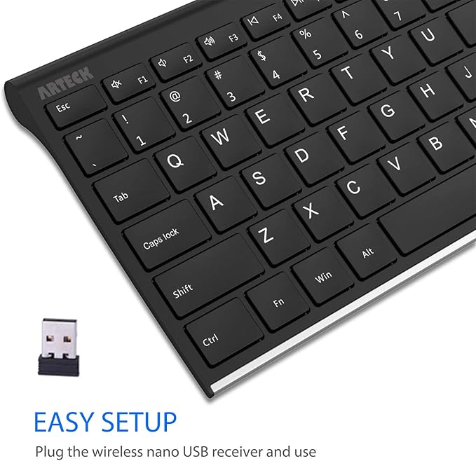 Arteck USB Wireless Keyboard Stainless Steel Ultra Slim Keyboard with Numeric Keypad for Computer/PC/Laptop and Windows 11/10/8 Rechargeable Battery