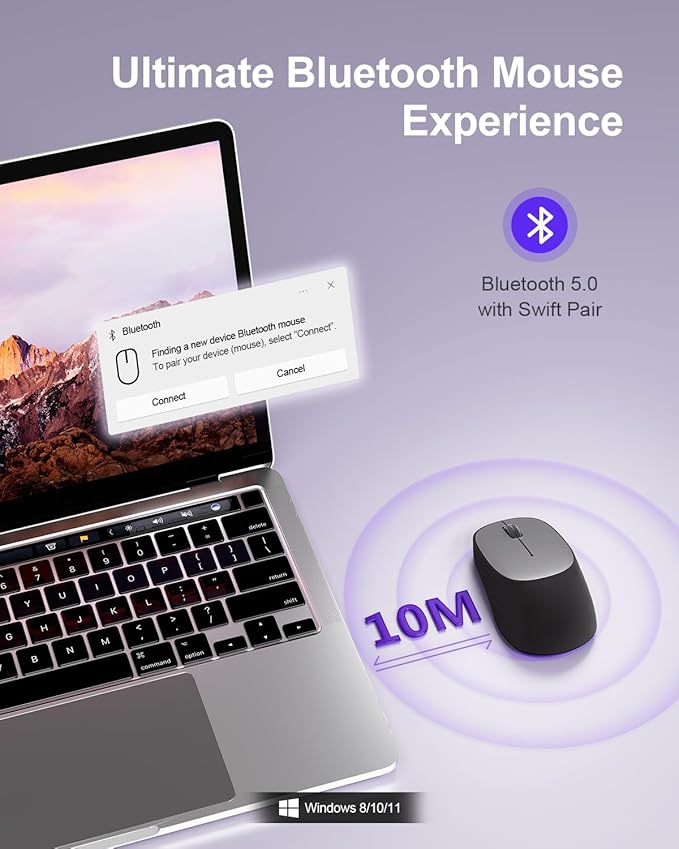 Wireless Mouse Bluetooth Mouse, 1600 DPI Optical Tracking, 3 Adjustable DPI, Compact and Portable Design for Small Hands PC, Mac, 12-Month Battery Life for Work or Travel