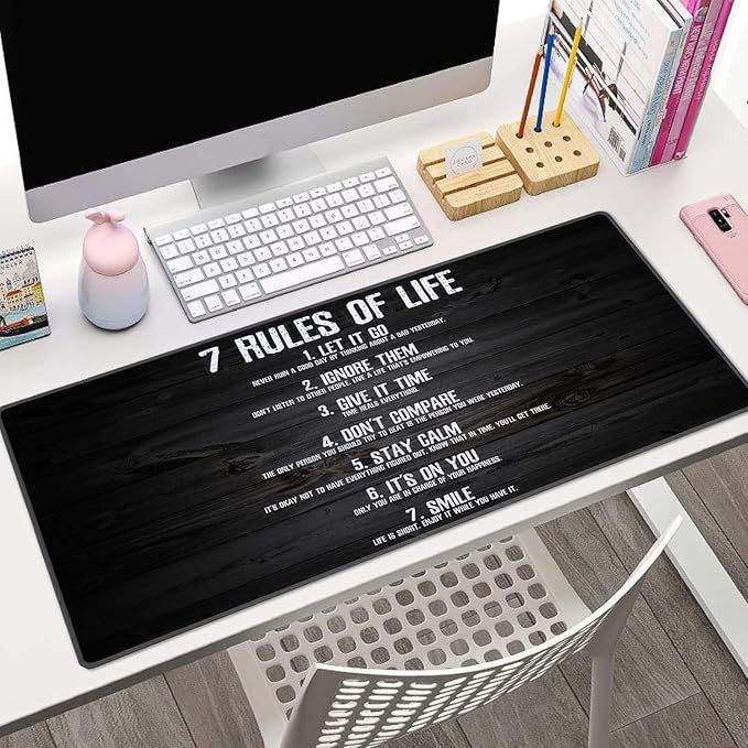 Gaming Mouse Pad, Large Non-Slip Rubber Base Mousepad, Keyboard Mouse Mat, Desk Pad with Stitched Edges, 31.5x11.8inch, 7 Rules of Life Motivational Quotes