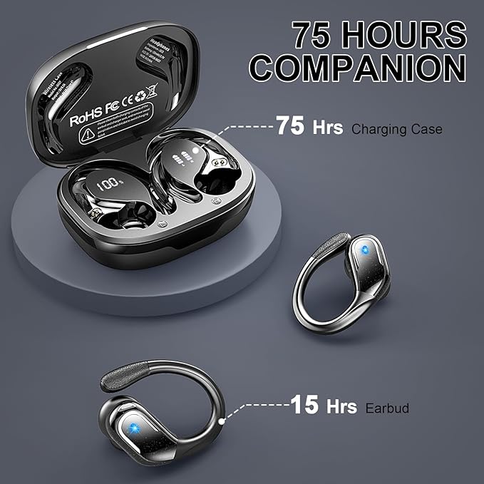 Wireless Earbuds Sport, Bluetooth 5.4 Headphones 2025 Bluetooth Earbuds with 75Hrs Stereo, 4 ENC Mic, Over-Ear Buds with Earhooks Noise Canceling Earphones , IP7 Waterproof Headset for Workout/Running