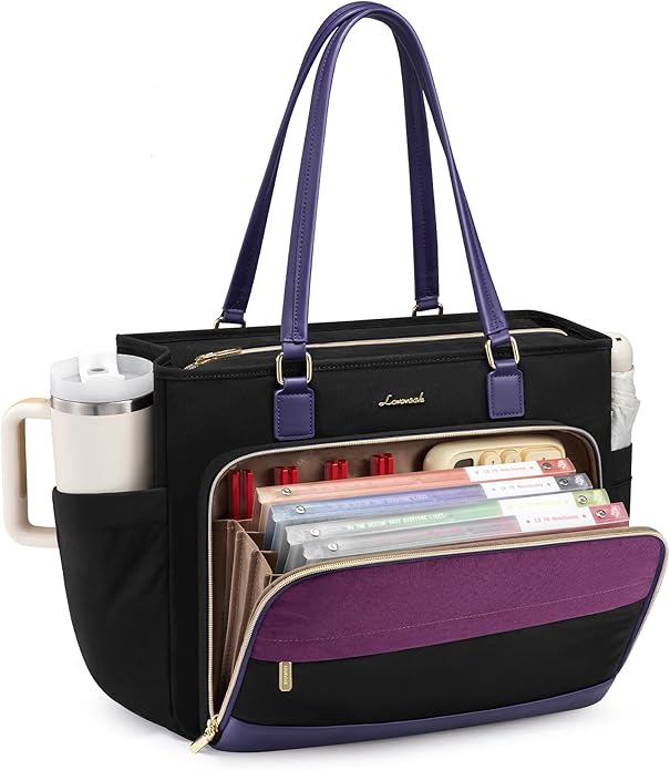 LOVEVOOK Teacher Tote Bag, Laptop Bag for Women with Large Cup Holder & Accordion File Area, Work Tote Bag for Business