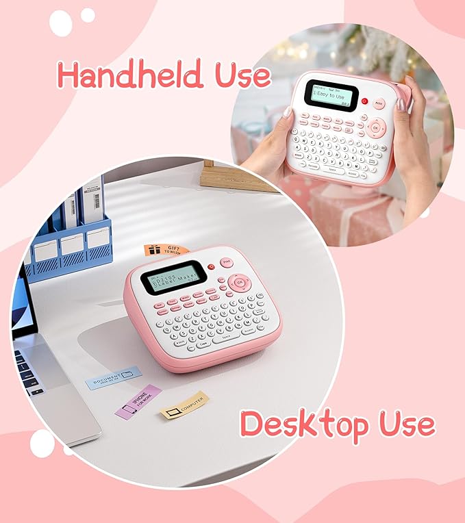 Label Maker Machine with Tapes Bundle, Pink Label Maker Waterproof-Labels, Desktop Labeler Machine with 4PK Tapes Laminated White for Home Kids School Items, Keyboard Labeler with 16 Fonts 800+ Icons