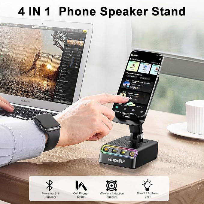 Adjustable Cell Phone Stand with Wireless Induction Bluetooth Speaker, HD Surround Sound for Home and Outdoors, Compatible with iPhone/Samsung Galaxy, 2026 Birthday Gifts for Men Women Dad Mom