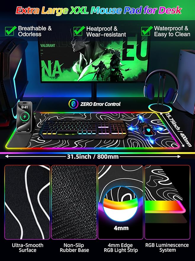 Mouse Pad with Adjustable Phone Stand Dual Wireless Charger, 15W Fast Charging Desk Mat, Extra Large 31.5x15.75 Waterproof Desk Pad for iPhone Samsung Air-Pods, Gaming Mousepad w/ 11&4 RGB