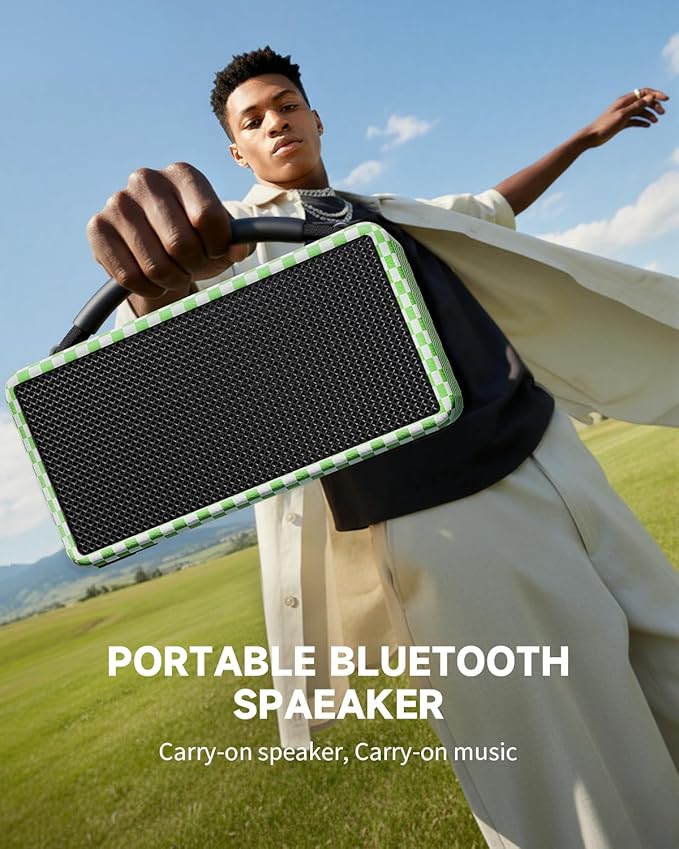 DINDIN Portable Bluetooth Speaker: 80W (Peak), 20H Playtime, Loud Wireless Wood Speakers with Bass, AUX and USB Input, Subwoofer, TWS Pairing, Vintage Speaker for Outdoor, Home, Office (White+Green)