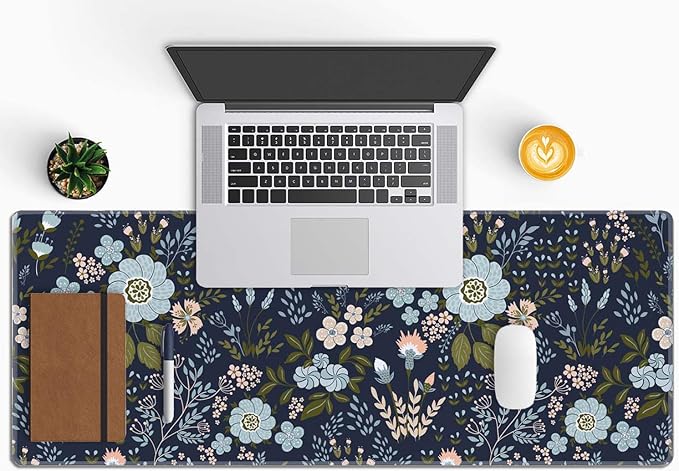 Floral Desk Mat Dark Vintage Aesthetic Desk Pad Flower Plant Blue Extended Mouse Pad Large Gaming Mousepad XL Laptop Computer Mouse Keyboard Mat 31.5 x 11.8 in for Office Desk Decor