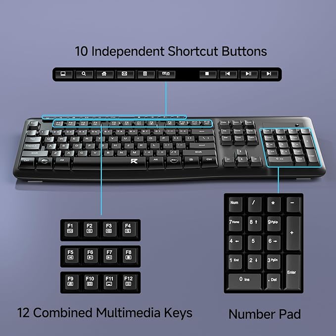 Redragon Wireless Keyboard, 2.4G Full-Sized Ergonomic Wireless Computer Keyboard with 10 Individual Multimedia Keys, Spill Resistant, for Mac OS Desktop/Laptop/PC BK7367