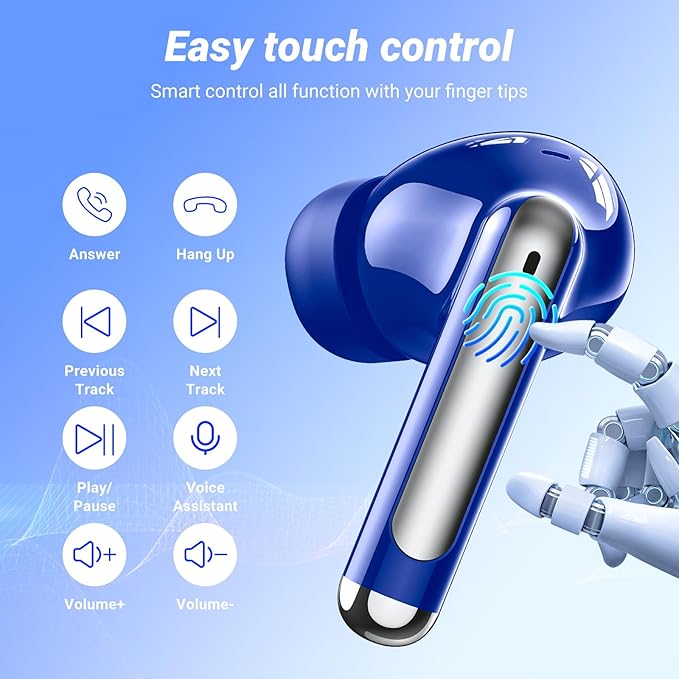 Wireless Earbuds Bluetooth 5.4 Headphones HiFi Stereo 42H Playback in Ear with 4 ENC Noise Cancelling Mic, IPX7 Waterproof and LED Battery Display Screen for Running Fitness Office Ear Buds in Blue