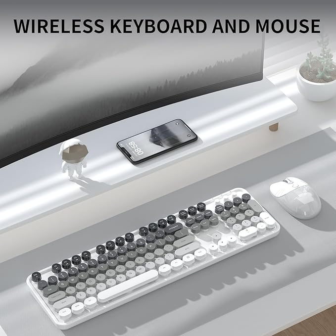 Creamy Wireless Keyboard and Mouse, MOFII 104 Round Keycaps Retro Typewriter with OTG & Brush, Full-Size Ergonomic, Ideal for Windows PC, Home, Office and College Gray White
