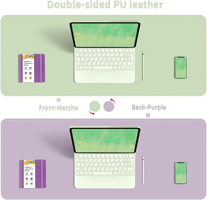 Double-Sided Office Desk Mat, Large Mouse Pad, Waterproof PU Leather Protective Pad, Laptop Desk Pad, Dual Use Cover Protector for Office/Home Keyboard (Matcha+Purple, 31.5''×15.8'')