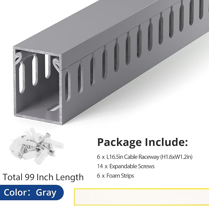ZhiYo H1.6in W1.2in Professional Server Rack Cable Management Raceway, 99in (6X L16.5in) Cable Raceway Kit, Electrically Safe PVC Open Slot Wire Raceway for Under Desk/Computer/Network Cords, Grey - Image 4