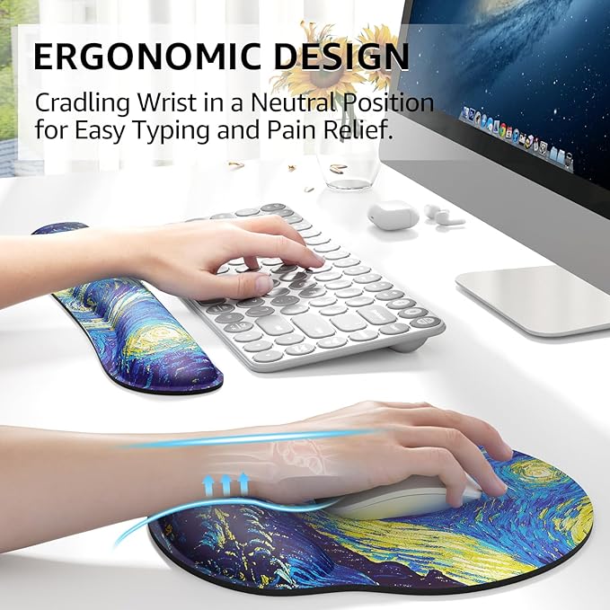 KTRIO Ergonomic Keyboard Wrist Rest and Mouse Pad with Wrist Rest Set, Memory Foam Wrist Support for Typing, Gaming, Office and Home Use, Starry Night