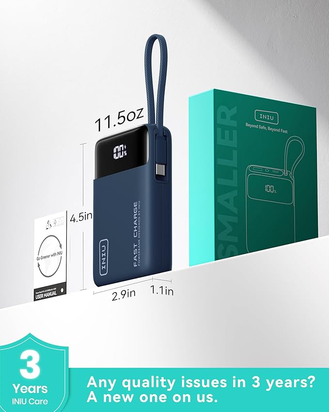 INIU Portable Charger, Small 20000mAh Power Bank with Build in USB-C Cable, 45W Fast Charging Mini Battery Pack, Flight Travel Essentials Phone Charger for College Student Travelers Boys Girls, Blue