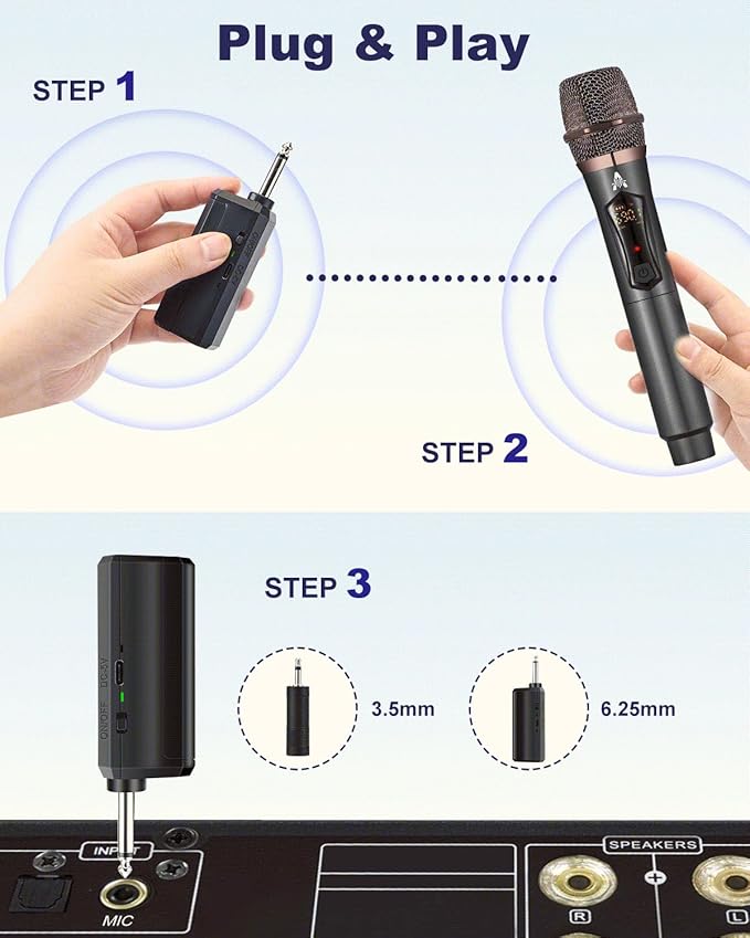 ALPOWL Wireless Microphones, Metal Dynamic Microphone System with Rechargeable Receiver, 50H Duration, 200ft Range, Microphone for Karaoke Singing, Wedding, DJ, Party, Speech, Church