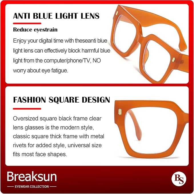 Breaksun Fashion Oversized Blue Light Blocking Glasses for Women Men Trendy Big Square Frame Computer Eyeglasses